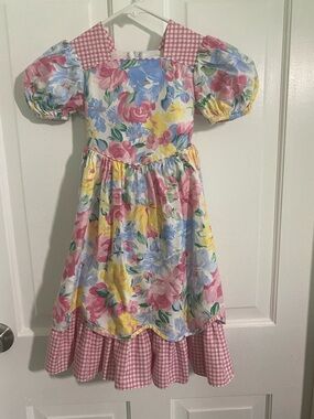 Girls Floral Puff-Sleeve Casual Dress in Pink, Yellow & Blue by Ruth of Carolina